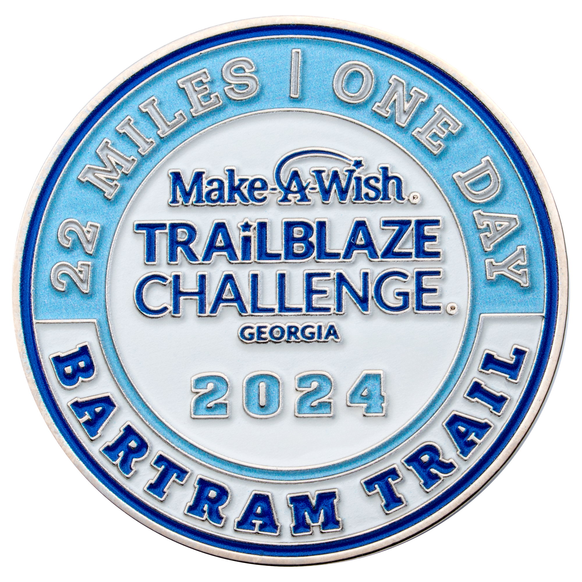 Circular challenge coin for the 2024 Make-A-Wish Trailblaze Challenge Georgia on Bartram Trail featuring blue and white enamel.