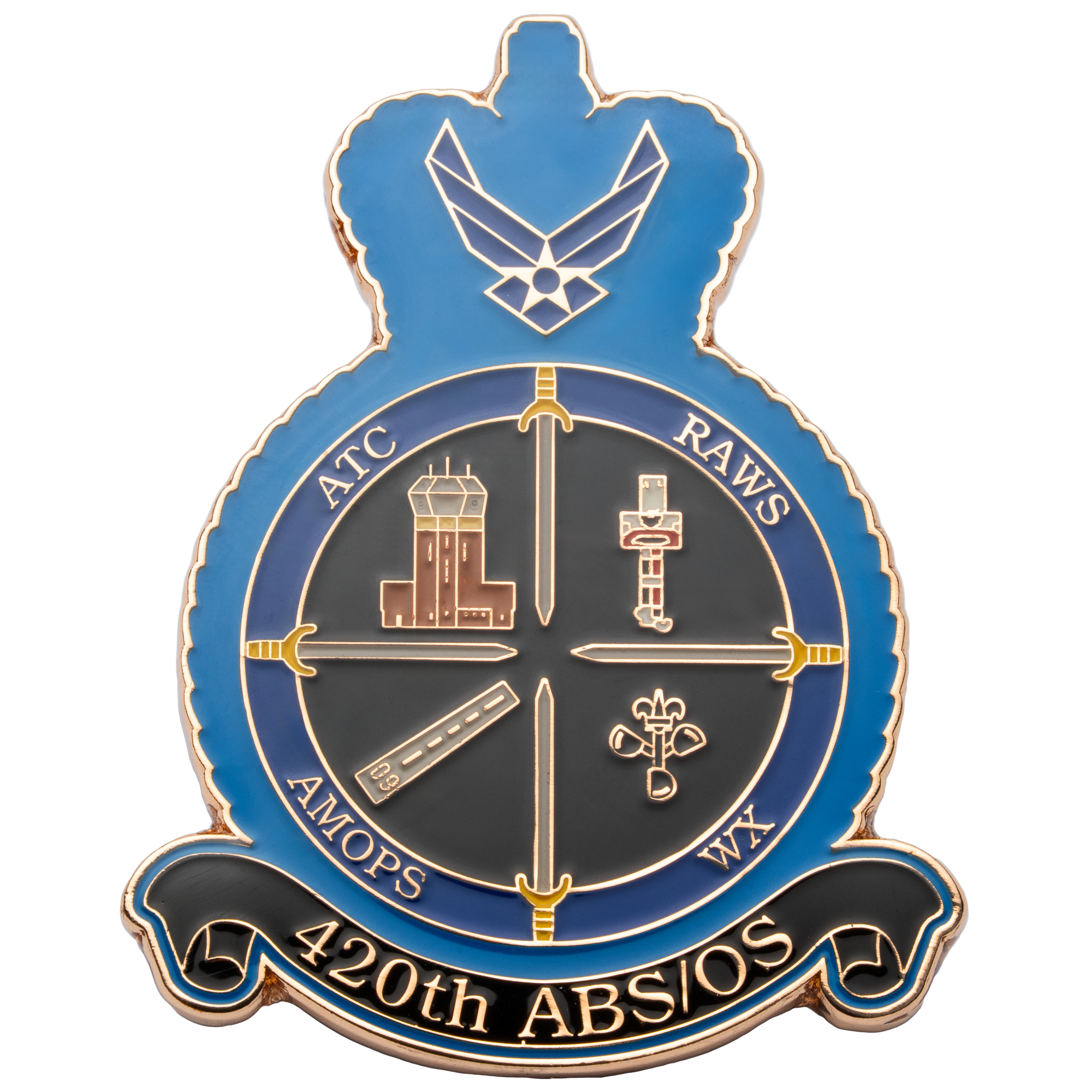 Shield-shaped lapel pin for the 420th ABS/OS featuring a blue crown, Air Force logo, and symbols for ATC, RAWS, AMOPS, and WX.