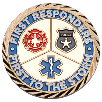 Challenge coin featuring fire department, police, and EMS emblems with a diamond cut edge.