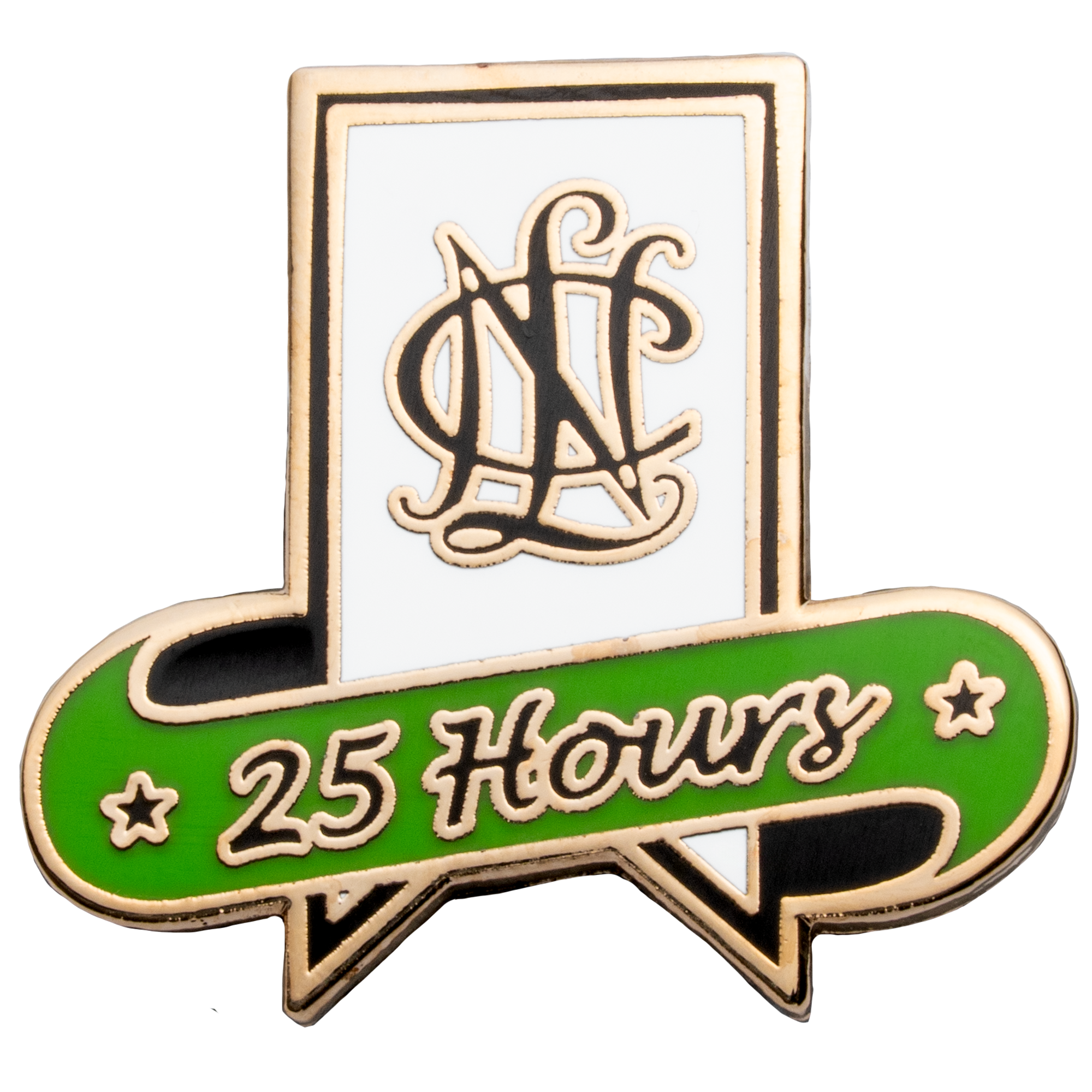 Custom lapel pin featuring a white rectangle with a black NLC monogram and a green banner reading 25 Hours with stars.