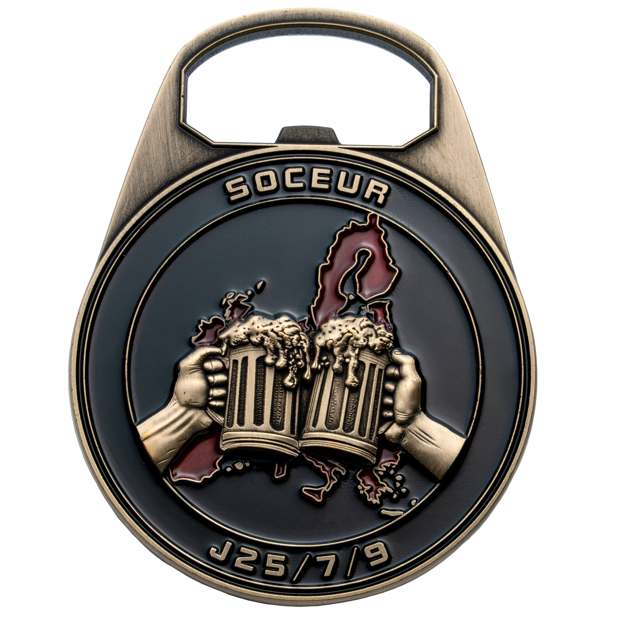 Antique bronze bottle opener challenge coin featuring SOCEUR text, a red map of Europe, and two hands clinking foaming beer steins.