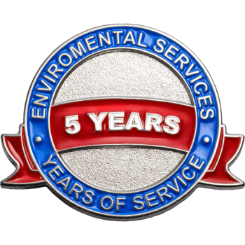Custom 5 Years of Service lapel pin for Environmental Services featuring blue and red enamel with silver text on a textured silver background.