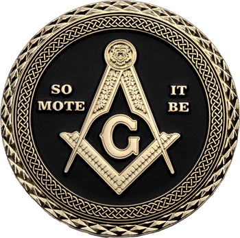 Masonic challenge coin featuring the Square and Compasses with the letter G, Celtic knot border, and the text So Mote It Be on a black background.