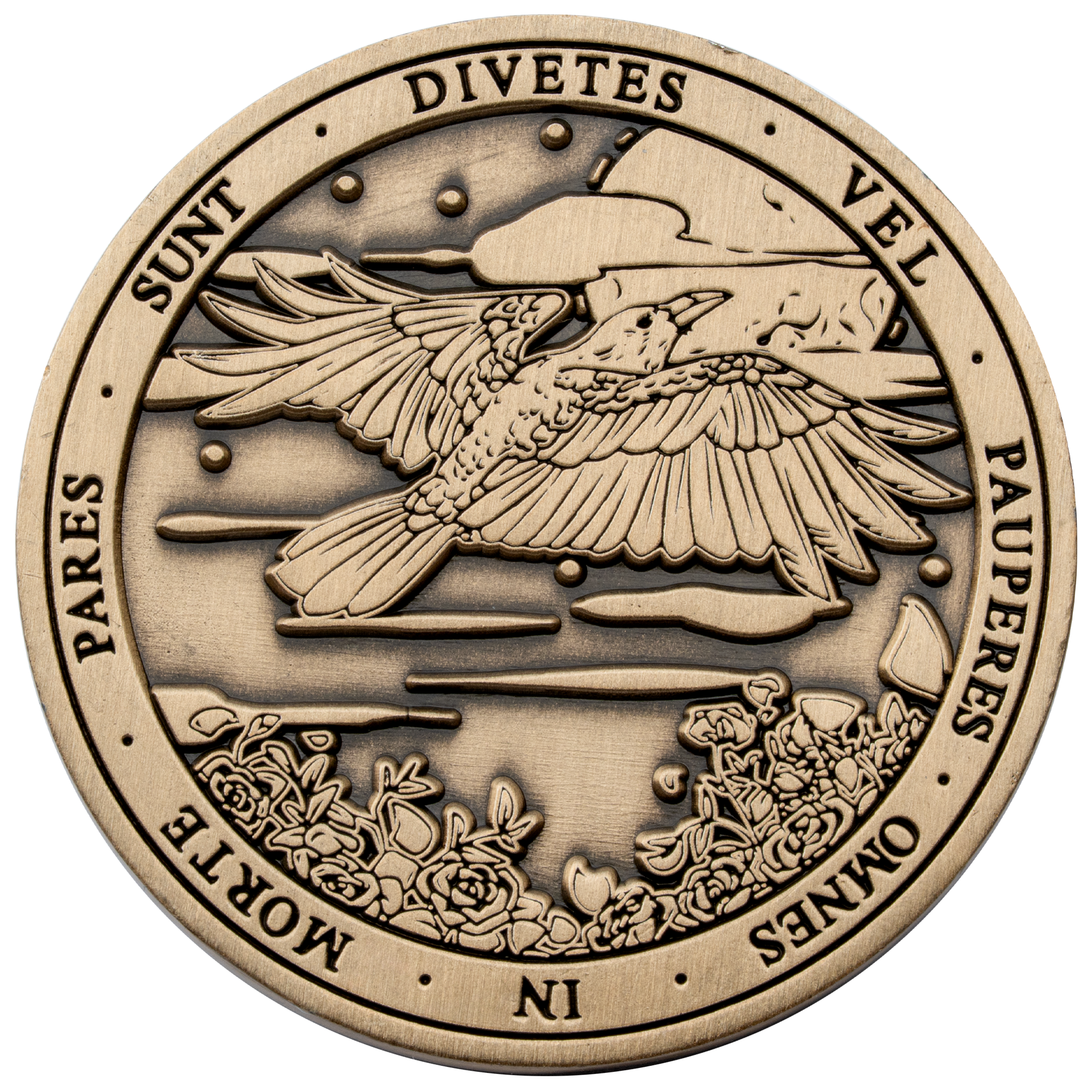 Antique bronze challenge coin featuring a flying crow or raven above a field of roses with Latin text around the border.