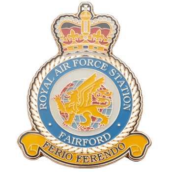 Enamel lapel pin featuring the Royal Air Force Station Fairford crest with a winged griffin over a globe, topped with a crown.