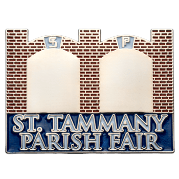 Rectangular lapel pin featuring the St. Tammany Parish Fair logo with brick building silhouettes and blue enamel lettering.