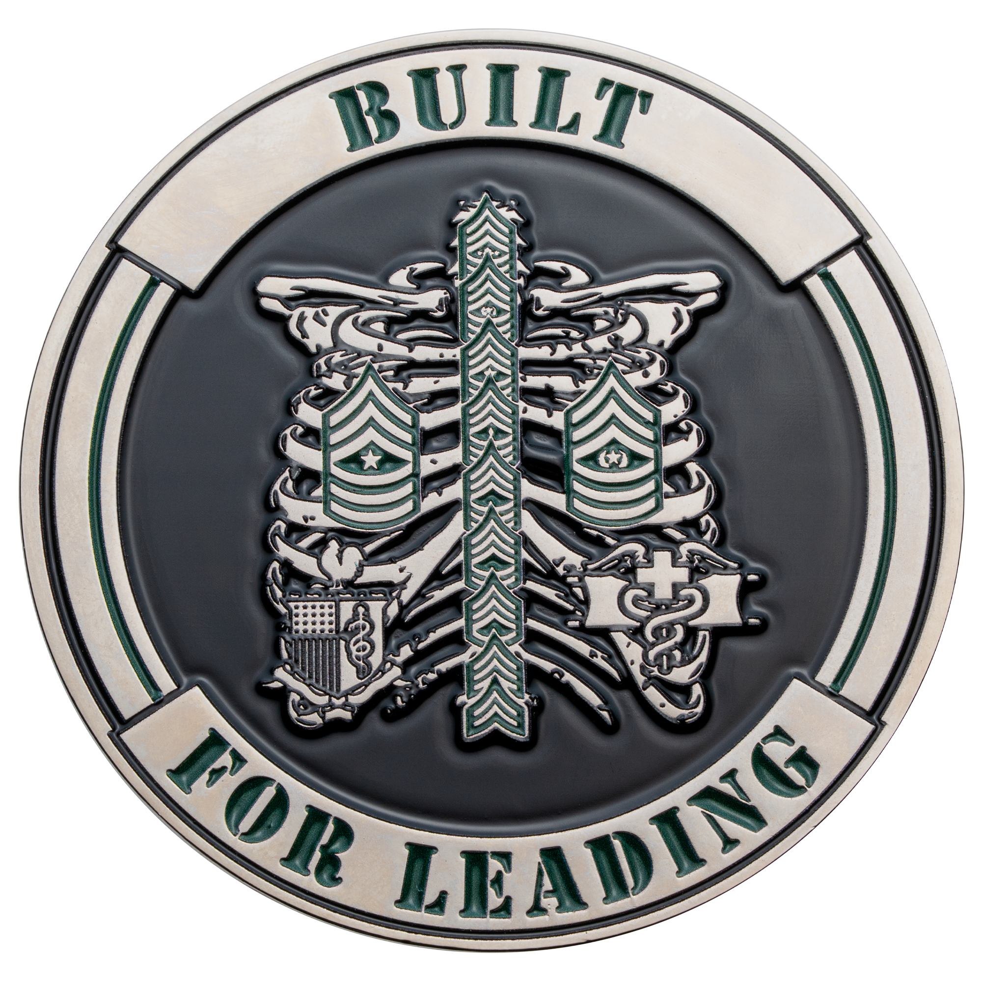 Circular challenge coin featuring a silver ribcage and spine with military rank insignia and medical emblems on a black background.