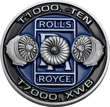 Rolls Royce challenge coin featuring jet engine turbine fans and blue enamel detailing.
