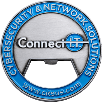 Brushed silver bottle opener challenge coin with blue enamel featuring Connect I.T. Cybersecurity and Network Solutions.