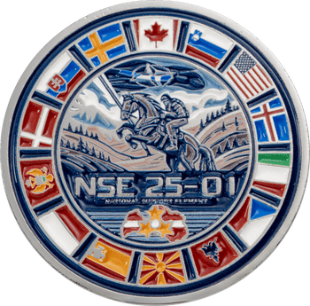 Round challenge coin featuring NSE 25-01 National Support Element with a rider on horseback surrounded by international flags.