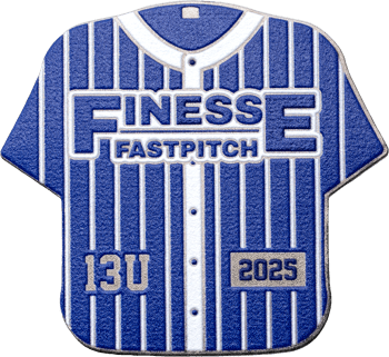 Custom baseball jersey shaped trading pin in blue and white pinstripes with Finesse Fastpitch logo, 13U, and 2025 details.