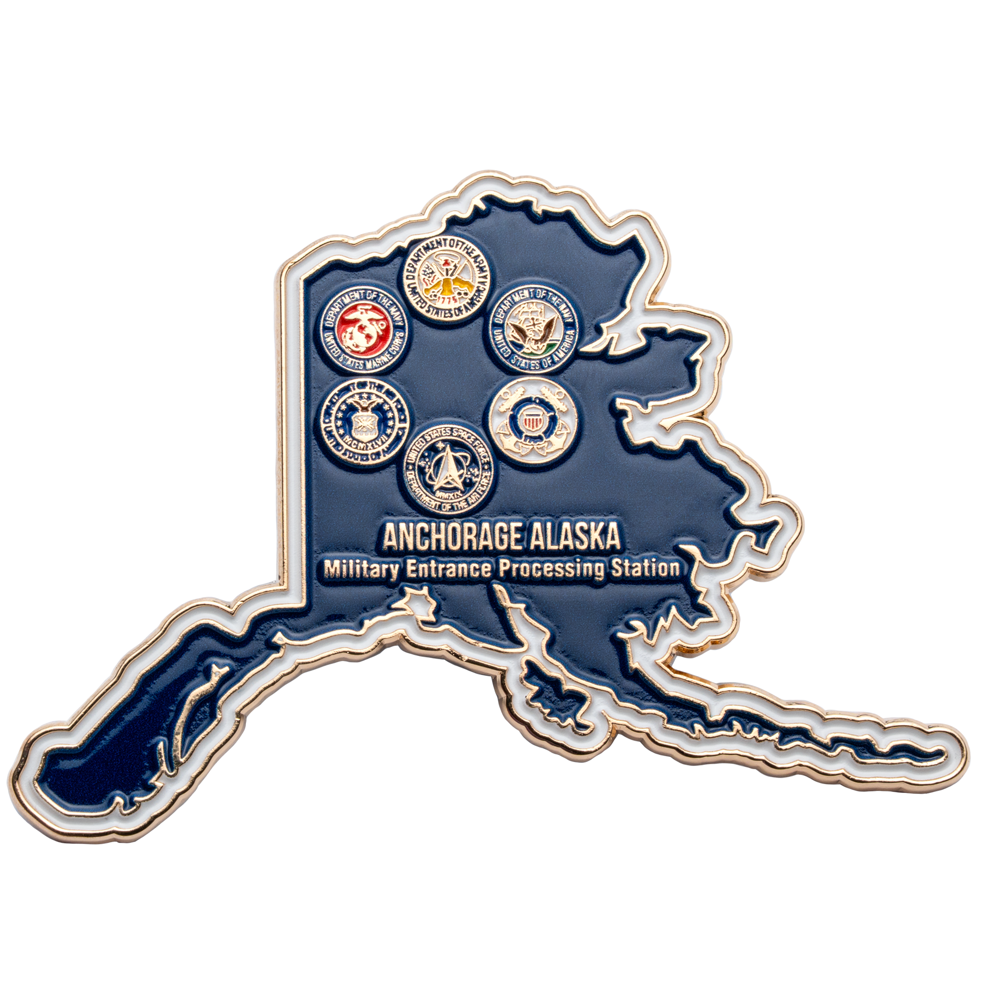 Alaska-shaped lapel pin featuring various military service seals and text for Anchorage Alaska Military Entrance Processing Station.