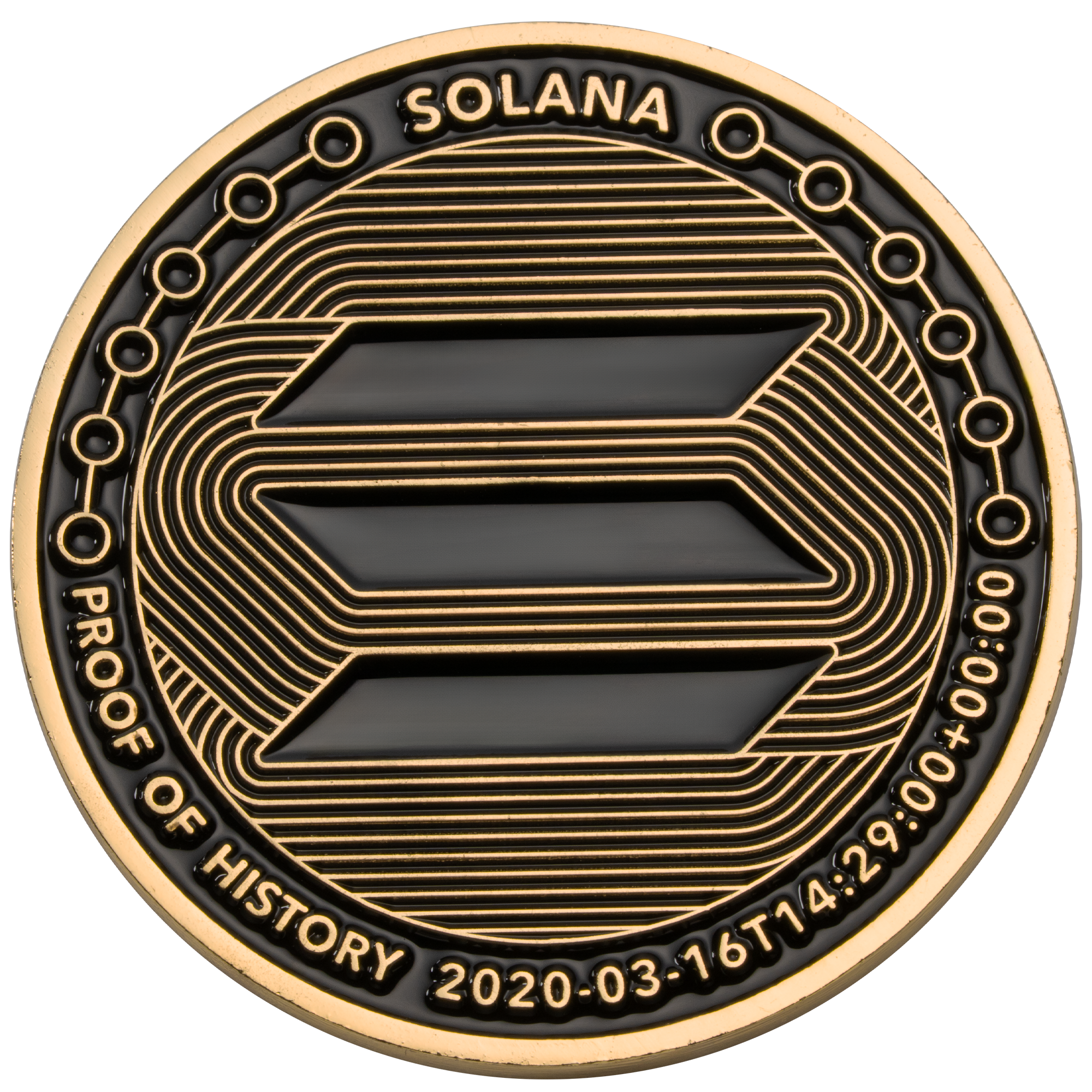 Gold and black Solana challenge coin featuring the three-bar logo and Proof of History timestamp text.