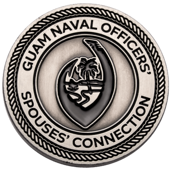 Antiqued silver challenge coin for Guam Naval Officers' Spouses' Connection featuring a palm tree emblem and rope border.