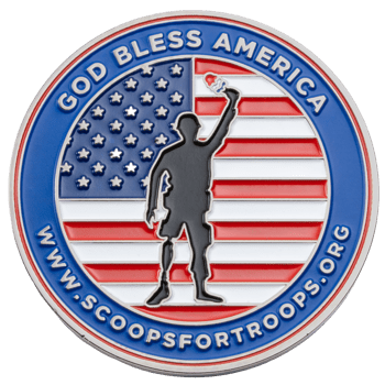 Enamel challenge coin featuring a soldier silhouette with a prosthetic leg holding an ice cream cone against a US flag background.