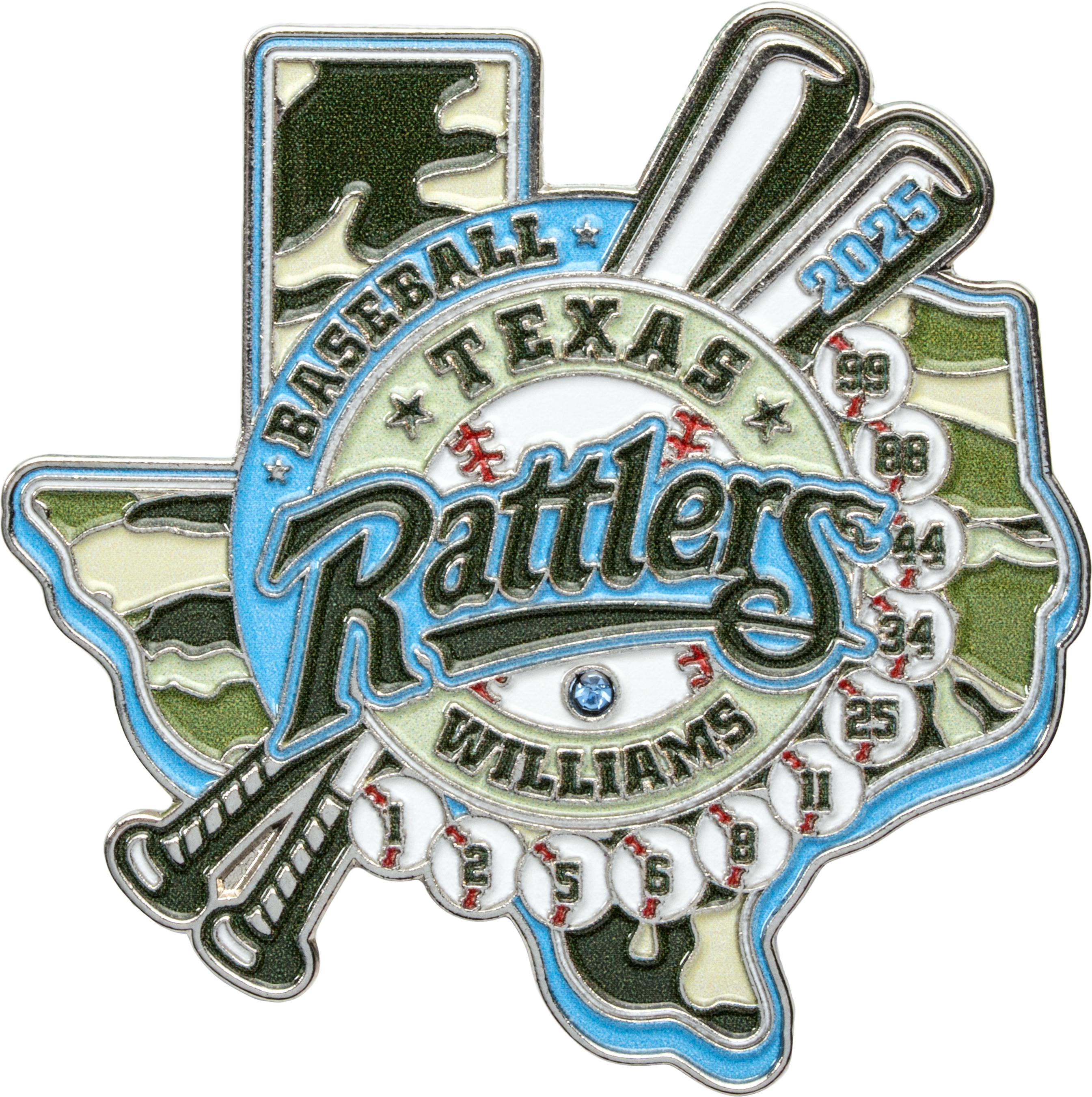 Texas Rattlers baseball lapel pin shaped like Texas with green camouflage, crossed bats, and small numbered baseballs.