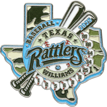 Texas Rattlers baseball lapel pin shaped like Texas with green camouflage, crossed bats, and small numbered baseballs.